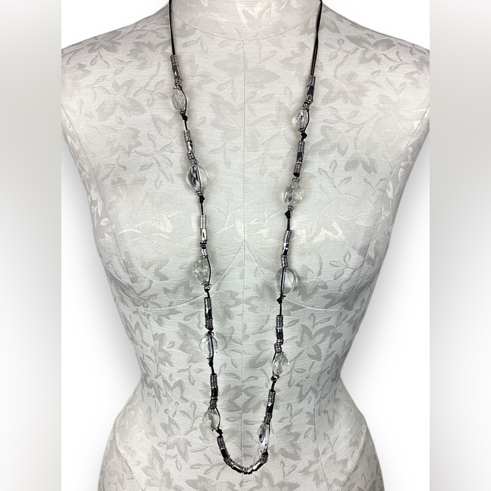 Chico’s Clear Bead Wrapped Silver Spacers Long Necklace